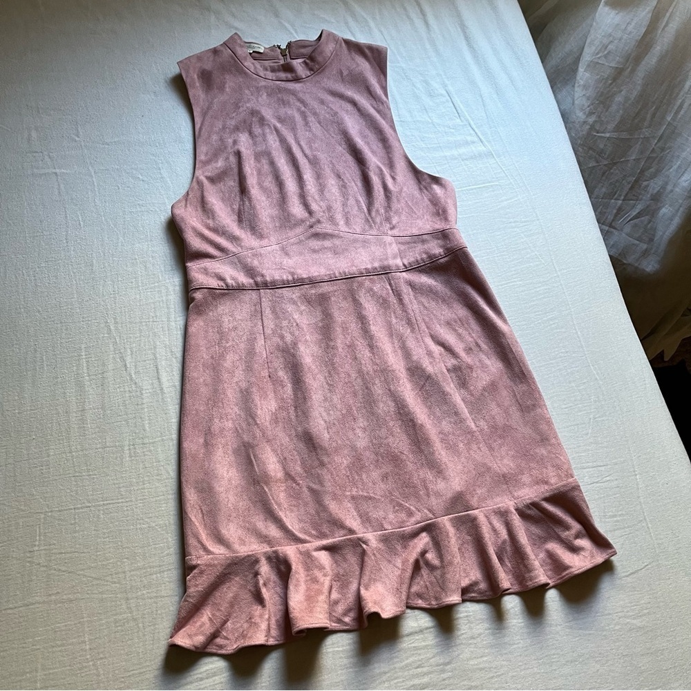 Mistress Rocks pink knit suede sleeveless mini ruffle‎ hem dress